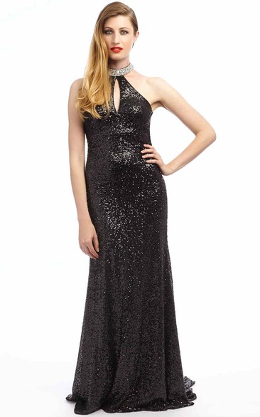 Sheath Sleeveless Beaded Long High-Neck Sequins Prom Dress