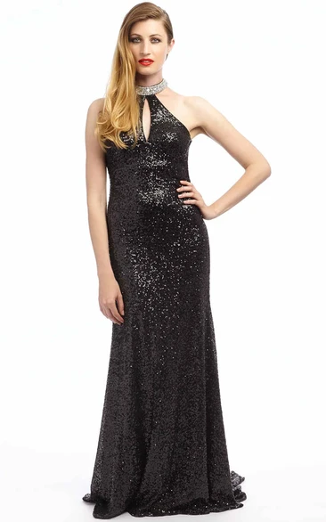Sheath Sleeveless Beaded Long High-Neck Sequins Prom Dress