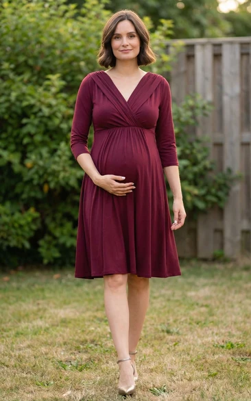 Burgundy Maternity Dress with V-Neck, 3/4 Sleeves & Knee-Length A-Line Skirt