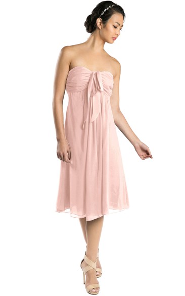 Tea-Length Strapless Bowed Chiffon Muti-Color Convertible Bridesmaid Dress With Ruching