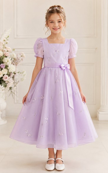 Lavender Tea-Length A-Line Lace Flower Girl Dress with Appliques, Floral Details, Bow Sash