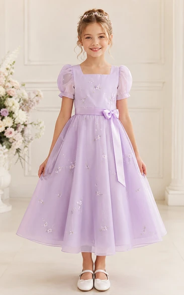 Lavender Tea-Length A-Line Lace Flower Girl Dress with Appliques, Floral Details, Bow Sash