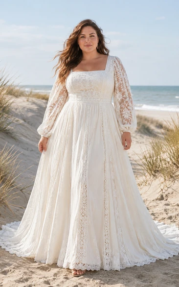 Robe de mariée grande taille en mousseline de soie à col carré et manches longues en dentelle
