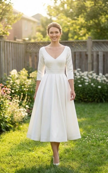 Simple Tea Length Wedding Dress A-Line V-Neck 3/4 Sleeve Bridal Gown