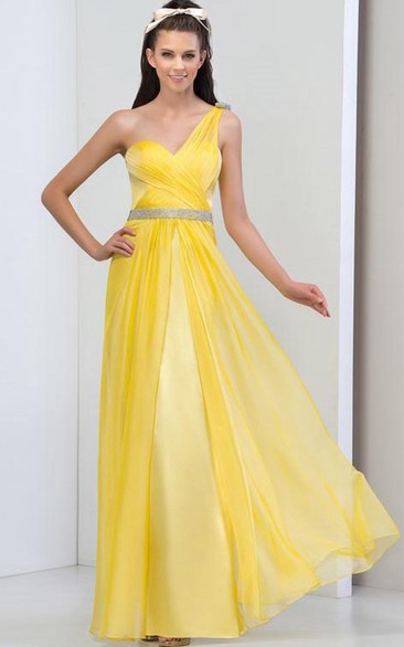 One Shouder Beading Pleats Floor-Length Prom Dress