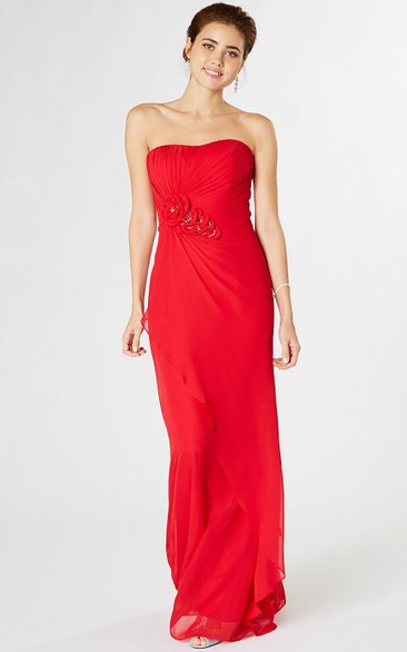 Sheath Strapless Ruched Chiffon Bridesmaid Dress With Flower And Draping