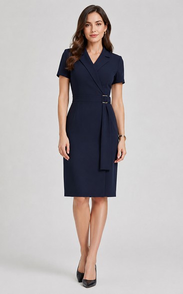 Pencil Knee-Length V-Neck Short Sleeve Jersey Wedding Guest Dress with Drape