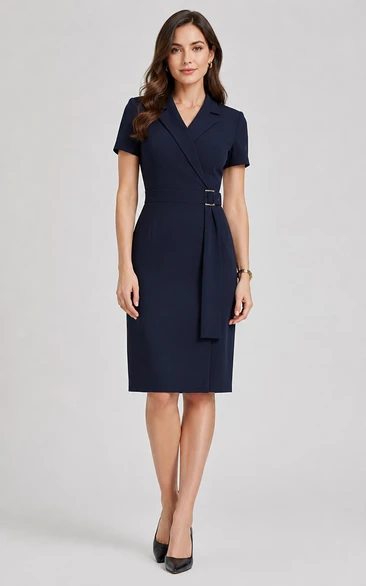 Pencil Knee-Length V-Neck Short Sleeve Jersey Wedding Guest Dress with Drape