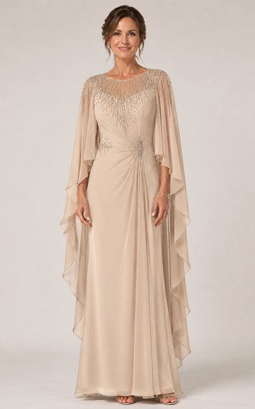 A-Line Scoop 3/4 Length Sleeve Chiffon Mother Dress with Cape