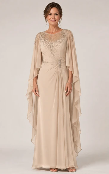 A-Line Scoop 3/4 Length Sleeve Chiffon Mother Dress with Cape
