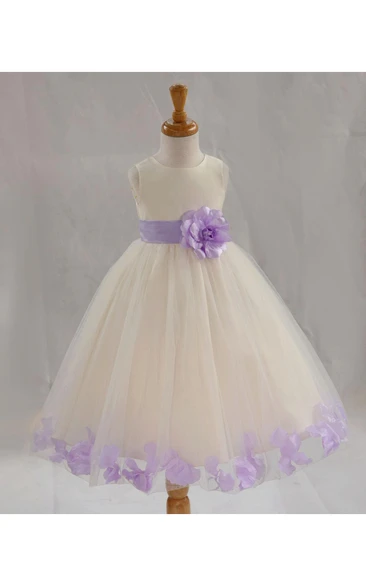 Bateau Neck Empire Tulle Ball Gown With Flower Sash and Pleats