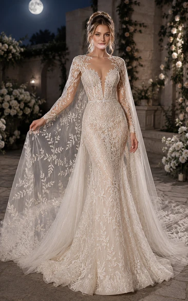 Brautkleid aus Spitze mit V-Ausschnitt, langen Ärmeln und Cape-Schleppe