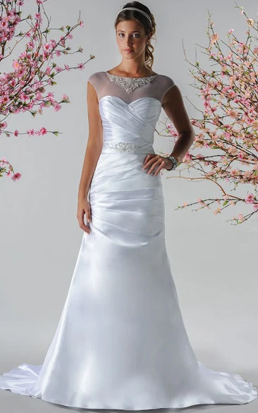 Pearl Neckline Cap Sleeve Sheath Taffeta Bridal Gown With Crystal Sash