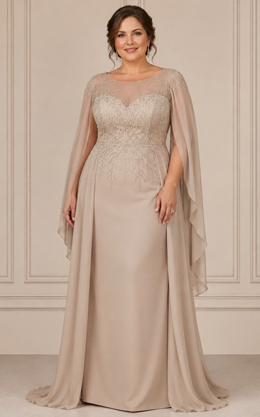 Taupe Illusion Cape Mother Gown Taupe Bateau Jewel Sheath Floor-length