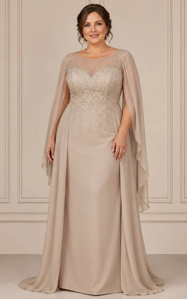 Taupe Illusion Cape Mother Gown Taupe Bateau Jewel Sheath Floor-length