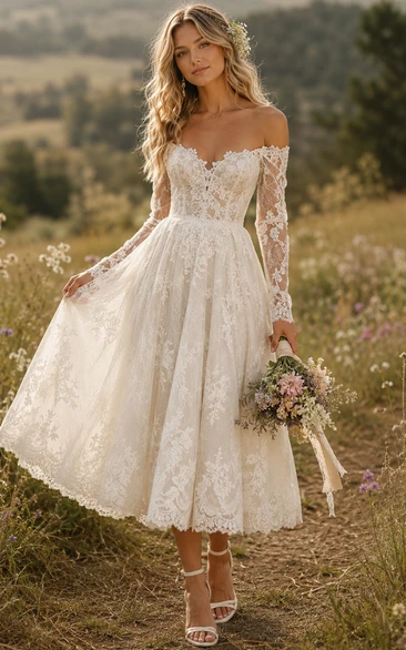 Boho Tea Length Off-the-Shoulder Wedding Dress with Long Lace Sleeves & Full Floral Lace Midi Skirt