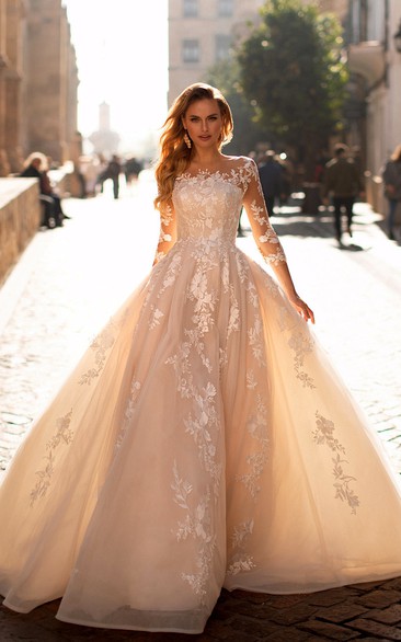 Illusion Elegant Ball Gown Lace Applique Wedding Dress