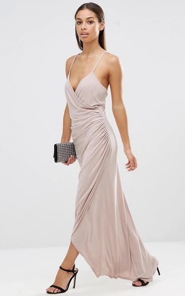 Ankle-Length Sleeveless Spaghetti Side-Draped Chiffon Bridesmaid Dress