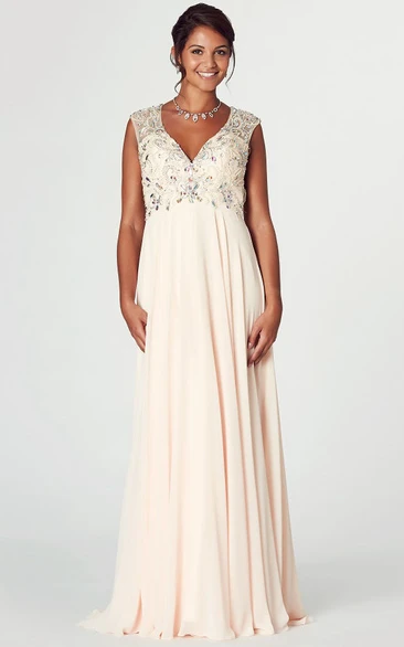 V-Neck Cap Sleeve Crystal Chiffon Prom Dress With Keyhole