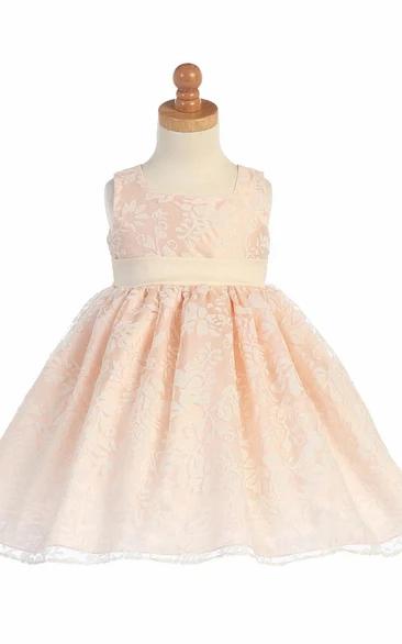 Floral Tea-Length Empire Floral Pleated Organza Flower Girl Dress With Sash