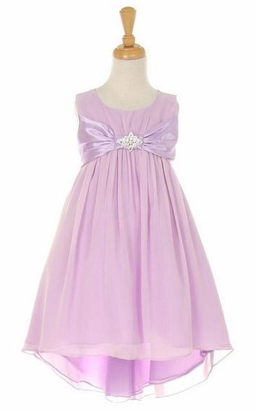 Midi Empire Broach Bowed Chiffon&Satin Flower Girl Dress