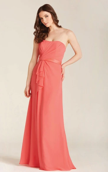 Floor-Length Strapless Ruched Chiffon Bridesmaid Dress With Draping And Lace Up