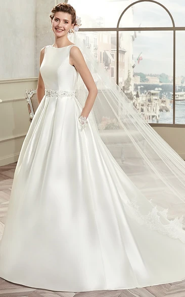 Jewel-Neck Satin A-Line Gown With Illusive Lace Back And Cap Sleeves