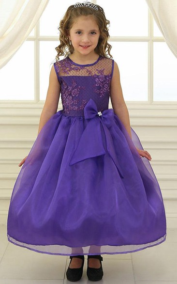 Tea-Length Bowed Floral Lace&Organza Flower Girl Dress With Illusion
