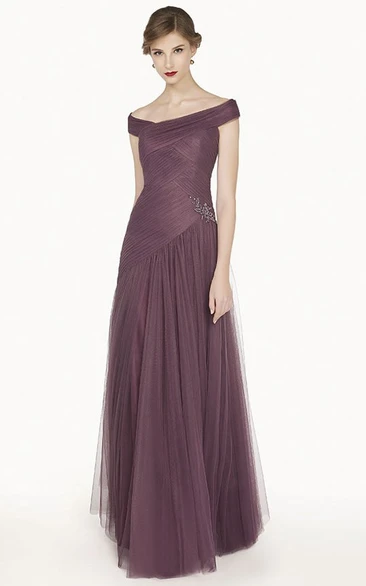 Unique Off Shoulder A-Line Tulle Long Prom Dress With Criss Cross Top And Crystal