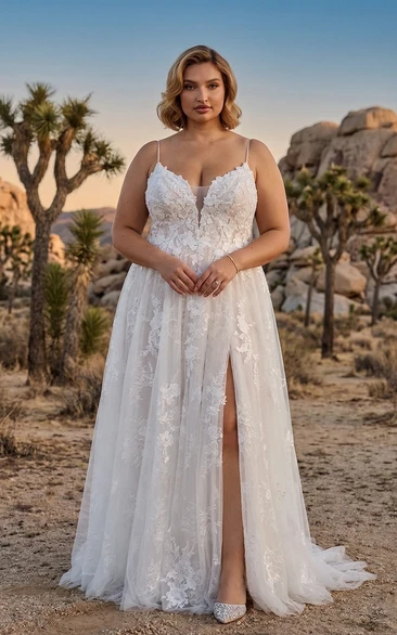 Plus Size Plunging V-Neck Lace A-Line Wedding Dress with Spaghetti Straps and Slit