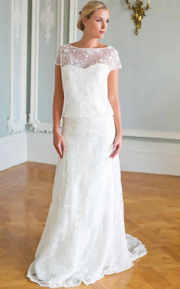 Sheath Scoop-Neck Cap-Sleeve Appliqued Lace Wedding Dress With Cape
