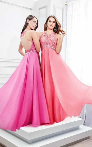 Floor-Length Sleeveless Scoop Neck Appliqued Satin Chiffon Prom Dress