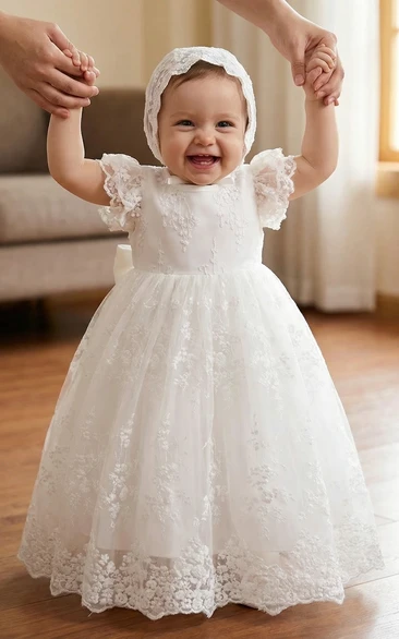 Christening White Baby Flower Girl Dress Ruffle Sleeve Embroidered Tulle Gown