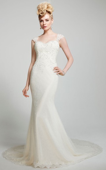 Trumpet Long Cap-Sleeve Lace Wedding Dress With Chapel Train And Illusion Back