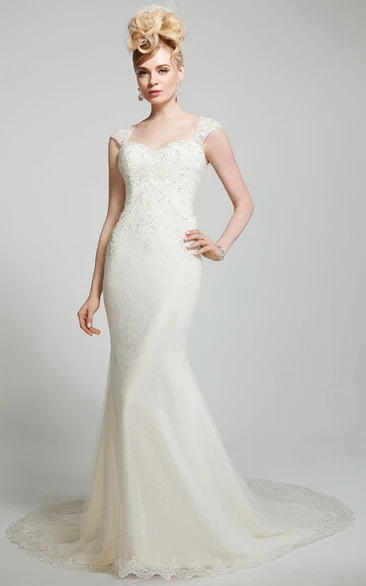 Trumpet Long Cap-Sleeve Lace Wedding Dress With Chapel Train And Illusion Back