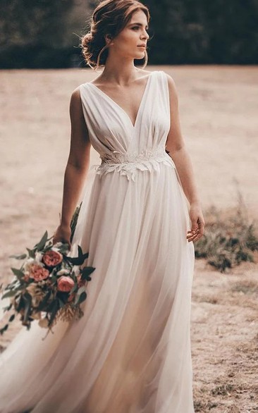 White V-Neck Sleeveless Wedding Dress with Floral Waist