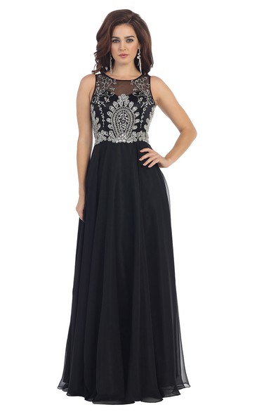 A-Line Scoop-Neck Sleeveless Chiffon Illusion Dress With Beading And Pleats