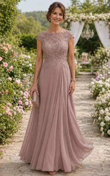 Dusty Rose A-Line Chiffon Mother of the Bride Dress with Lace Cap Sleeves