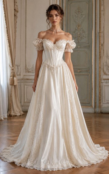 Off-the-Shoulder Lace A-Line Vintage Wedding Dress