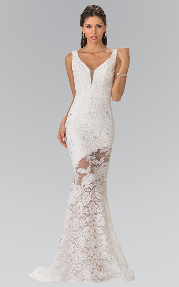 Sheath V-Neck Sleeveless Lace Deep-V Back Dress With Appliques