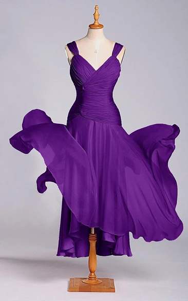 Sleeveless V-neck Tea-length Dress with Ruching