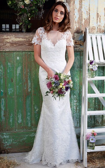 Sheath Floor-Length Bateau-Neck Short-Sleeve Lace Wedding Dress With Appliques And Illusion