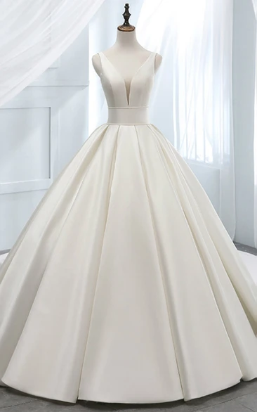 Satin Ball Gown Plunged Sleeveless Solid Elegant Corset Back Princess Wedding Dress Styles