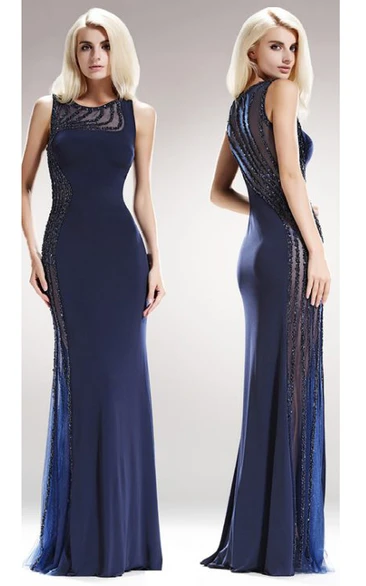 Sheath Scoop-Neck Sleeveless Jersey Illusion Dress With Beading