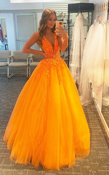 Orange Floral Appliqué Ball Gown