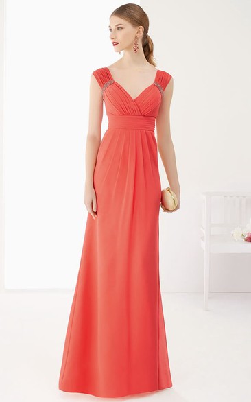 V Neck Cap Sleeve A-Line Chiffon Long Prom Dress Empire Waist With V Back