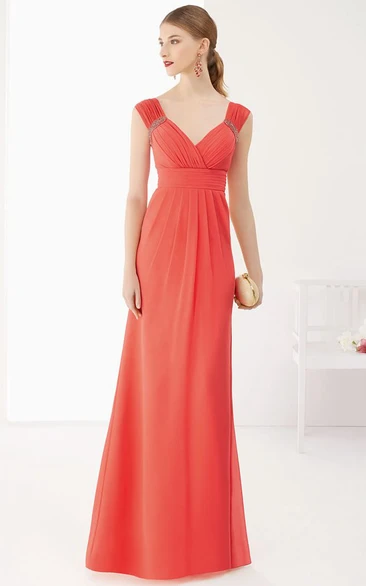 V Neck Cap Sleeve A-Line Chiffon Long Prom Dress Empire Waist With V Back