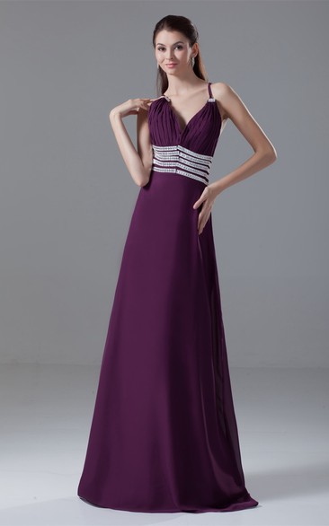 Spaghetti-Strap Floor-Length Chiffon Gemmed Waist and Dress With Ruching