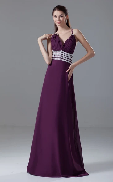 Spaghetti-Strap Floor-Length Chiffon Gemmed Waist and Dress With Ruching
