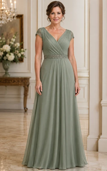 Sage V Neck Chiffon Mother Gown Sage V-neck A-Line Floor-length